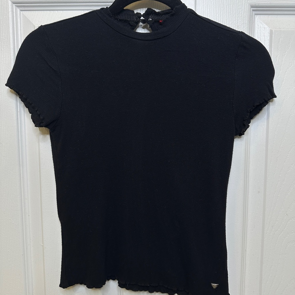 GUESS Ribbed Black Top XS Silver Logo Ruffle Sleeves